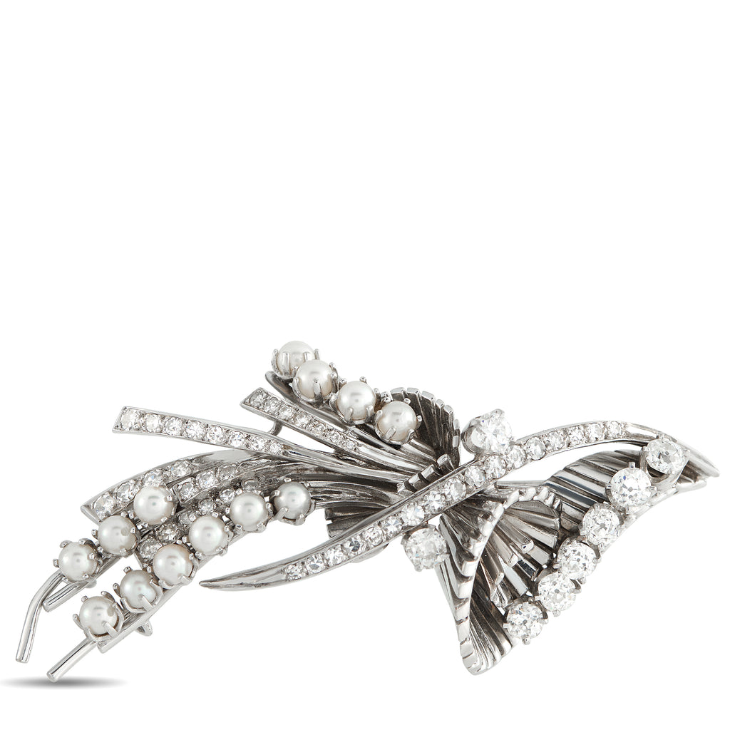 Platinum 3.65ct Diamond and Pearl Brooch