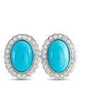 Platinum diamond hoop earrings with oval turquoise center and scalloped diamond halo