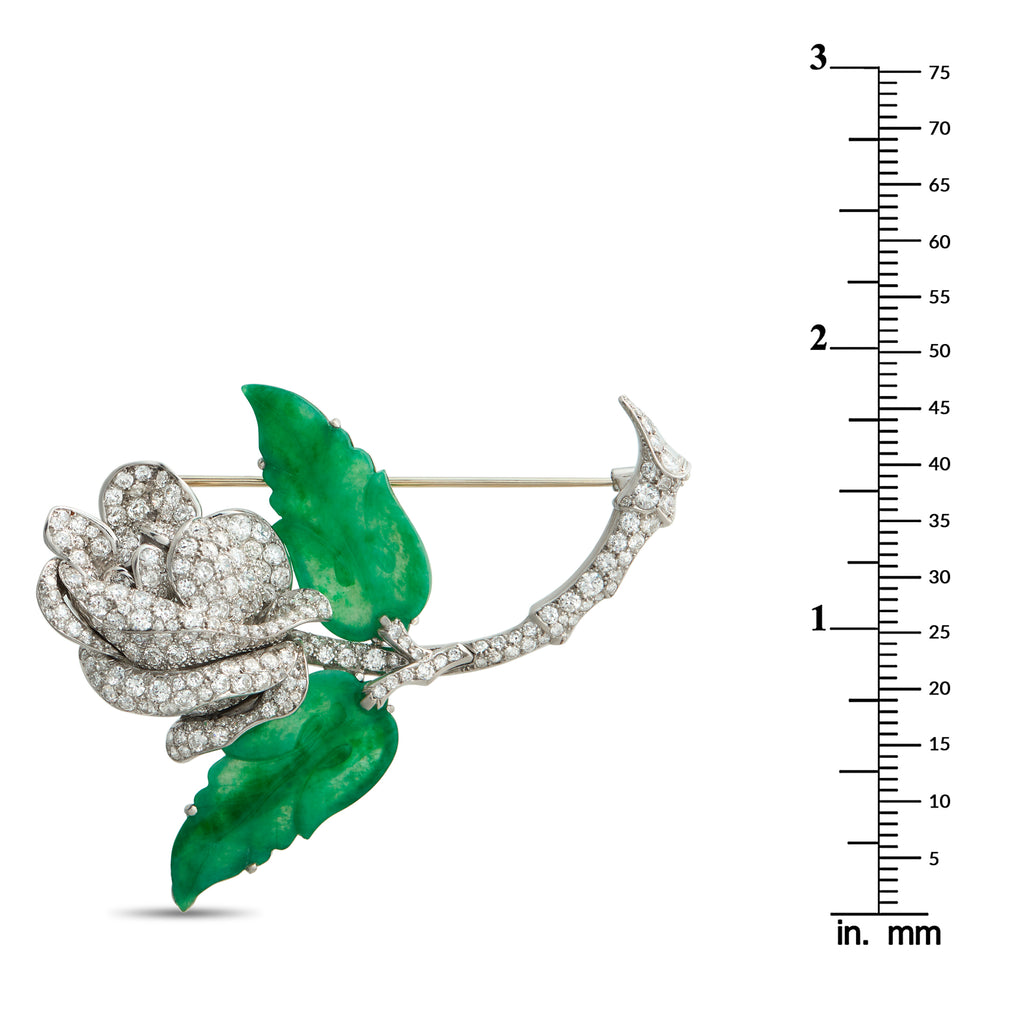 Platinum 4.25ct Diamond and Jade Rose Brooch