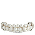 Pearl and diamond cluster brooch with sculpted braided metal edges