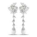 Diamond and pearl drop earrings with clustered crystal halo and teardrop pearls
