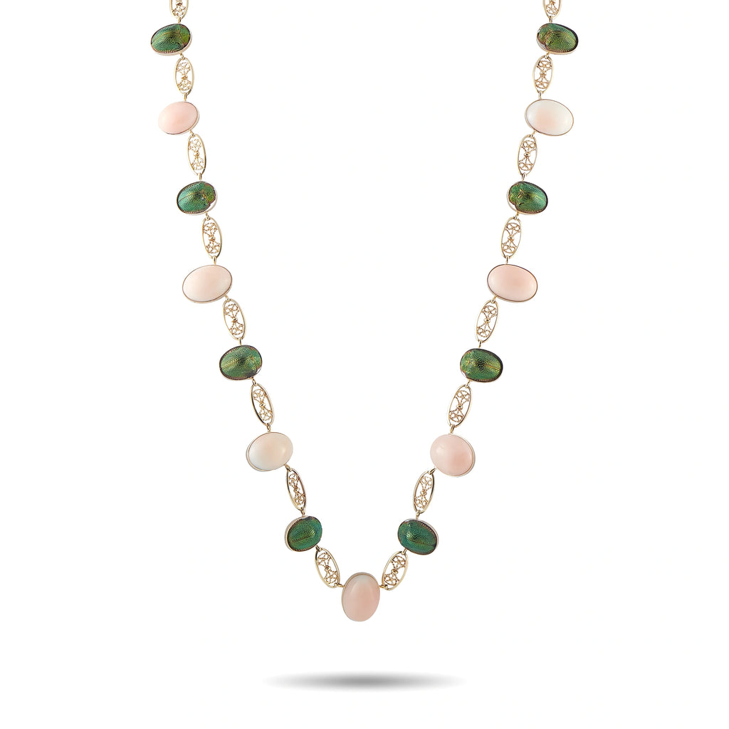 Rose gold tone necklace with green and pink oval cabochons and gold pave links