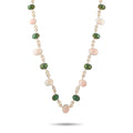 Rose gold tone necklace with green and pink oval cabochons and gold pave links