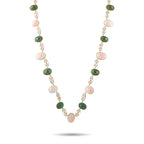 Rose gold tone necklace with green and pink oval cabochons and gold pave links