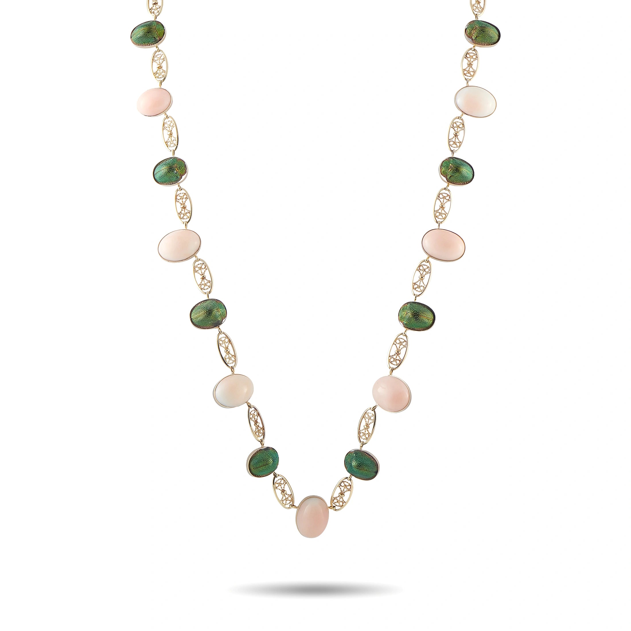 Rose gold tone necklace with green and pink oval cabochons and gold pave links