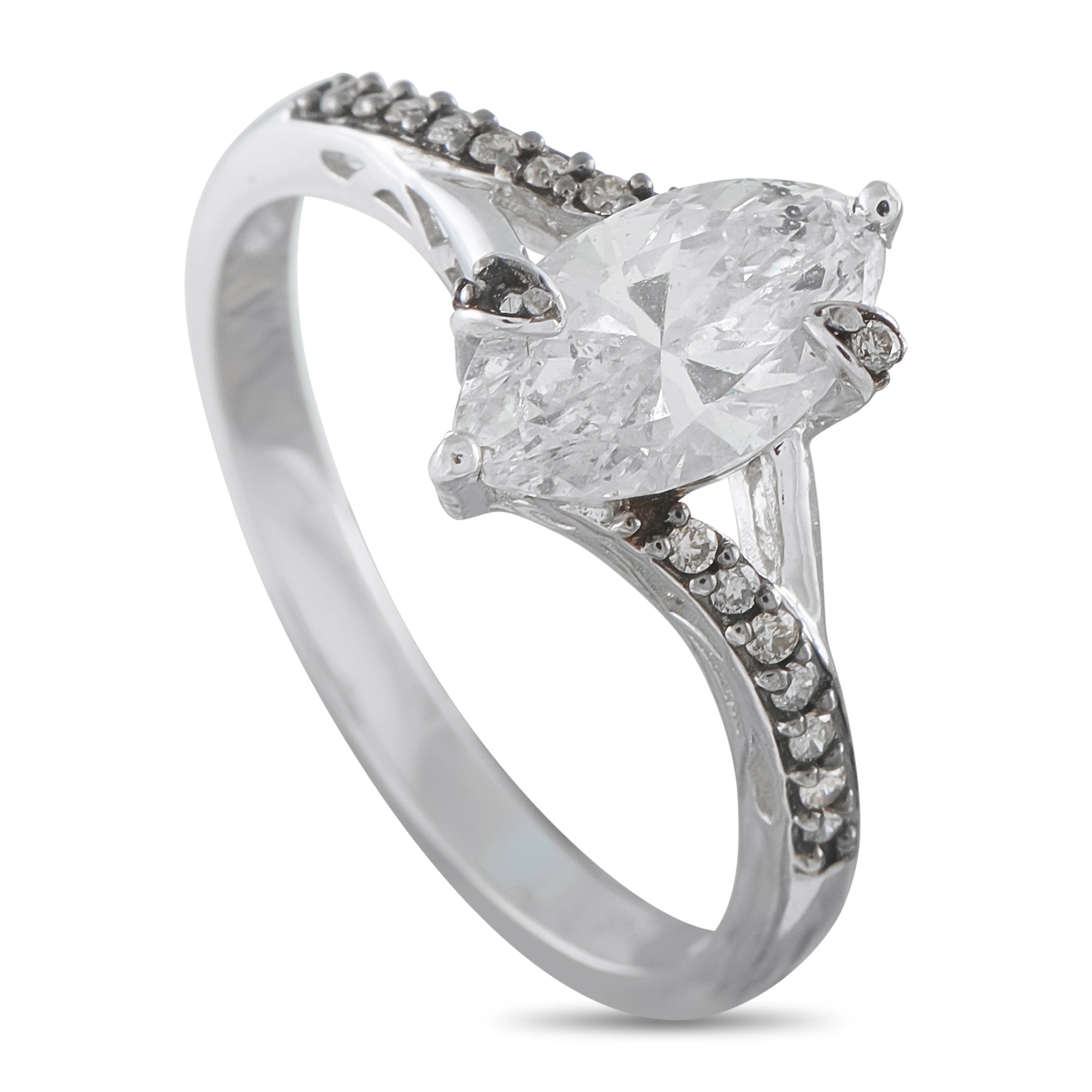 10K white gold diamond ring with marquise center stone and pavé band