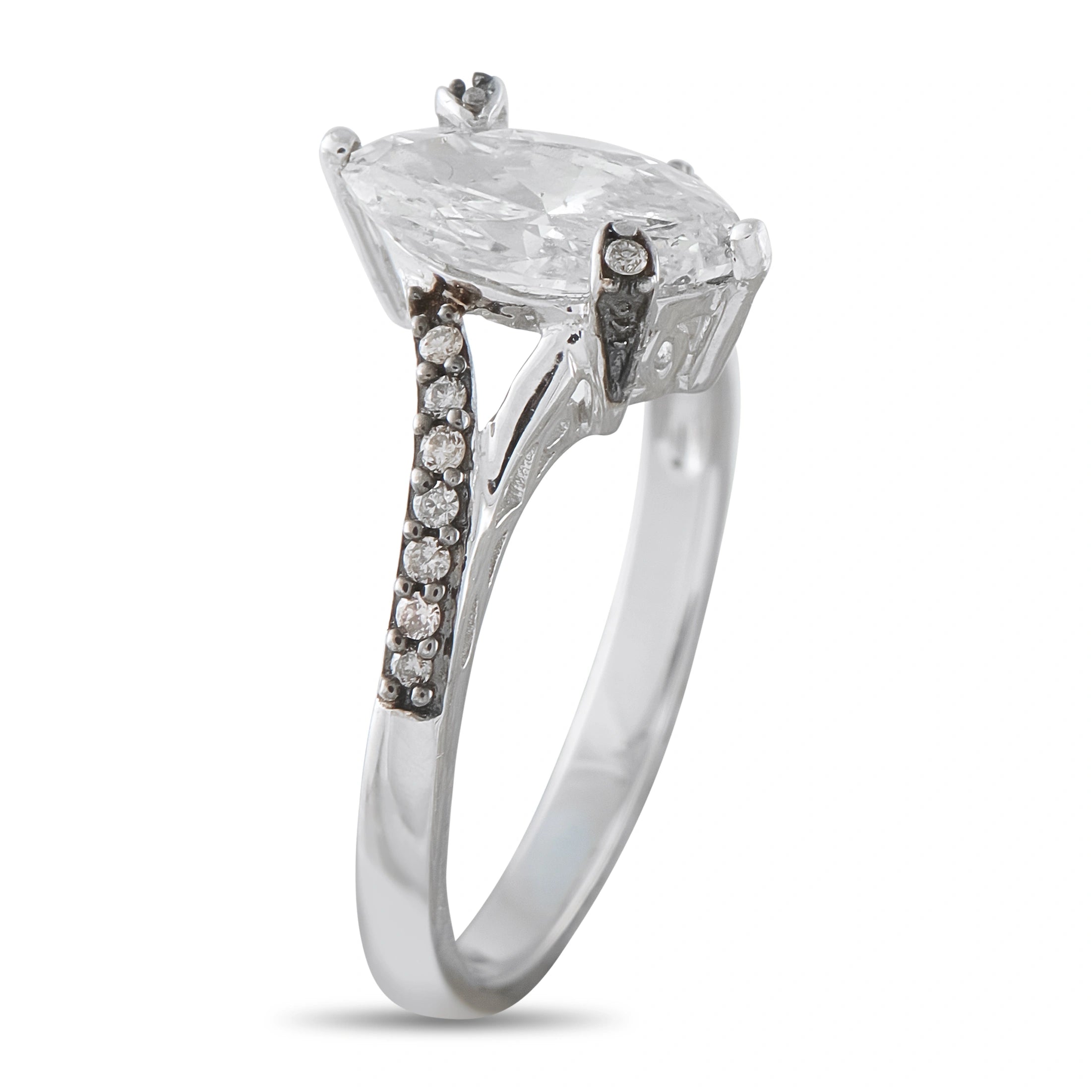 10K white gold diamond ring with marquise-cut center stone and pavé shoulders