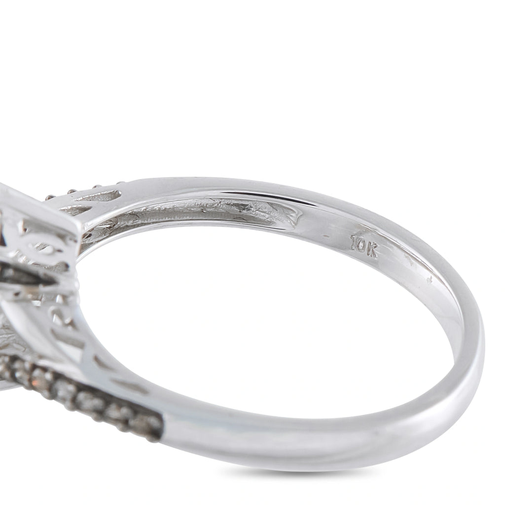 10K white gold diamond ring, side view with pavé diamonds visible