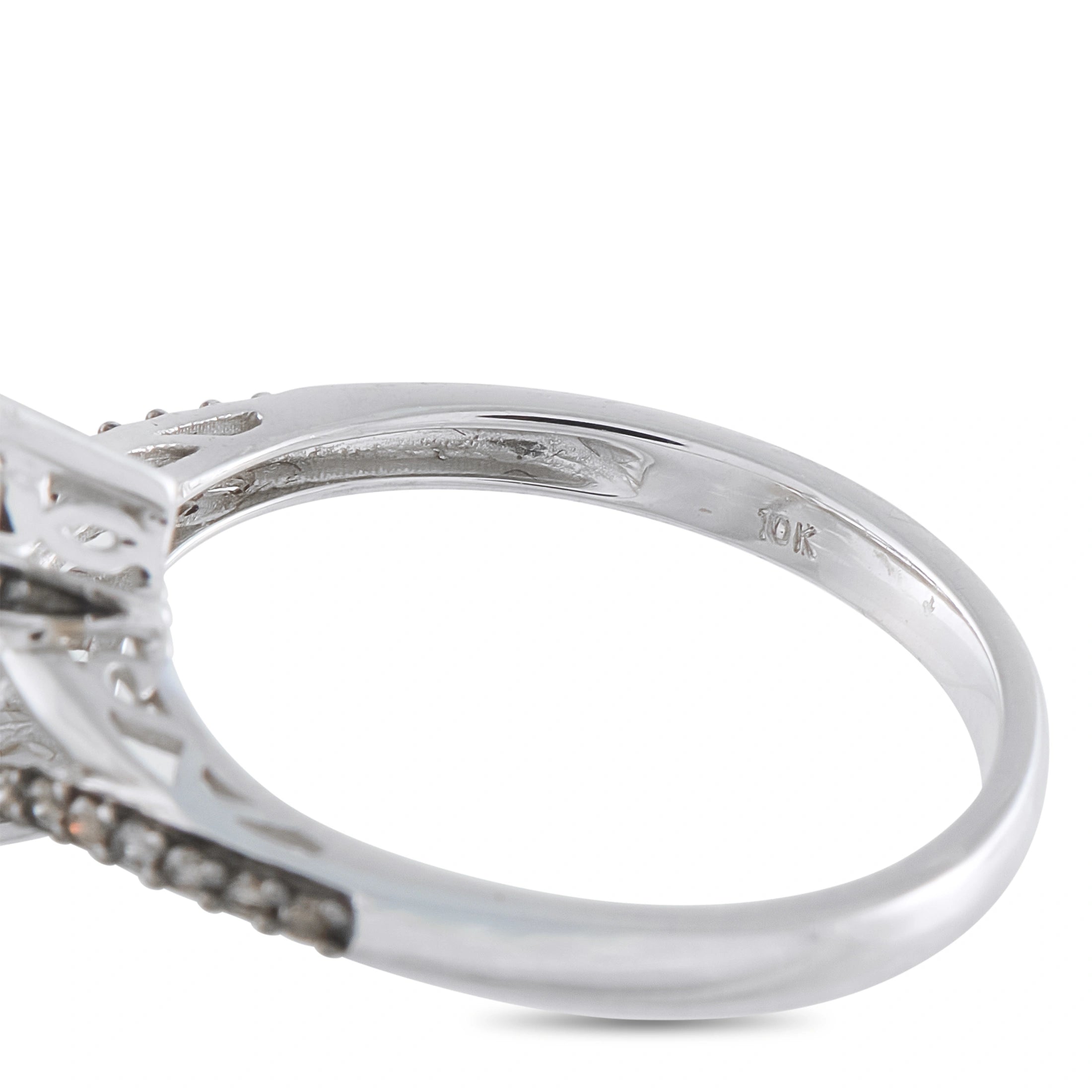 10K white gold diamond ring, side view with pavé diamonds visible
