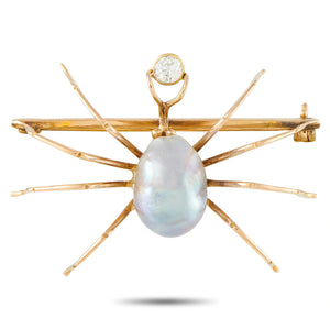 14K Rose Gold 0.35ct Diamond and Baroque Pearl Spider Brooch