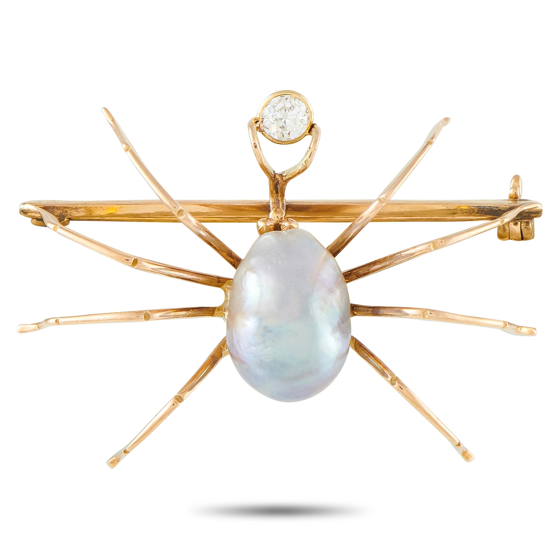 Rose gold-tone spider bar brooch with oval baroque pearl and small round diamond on top