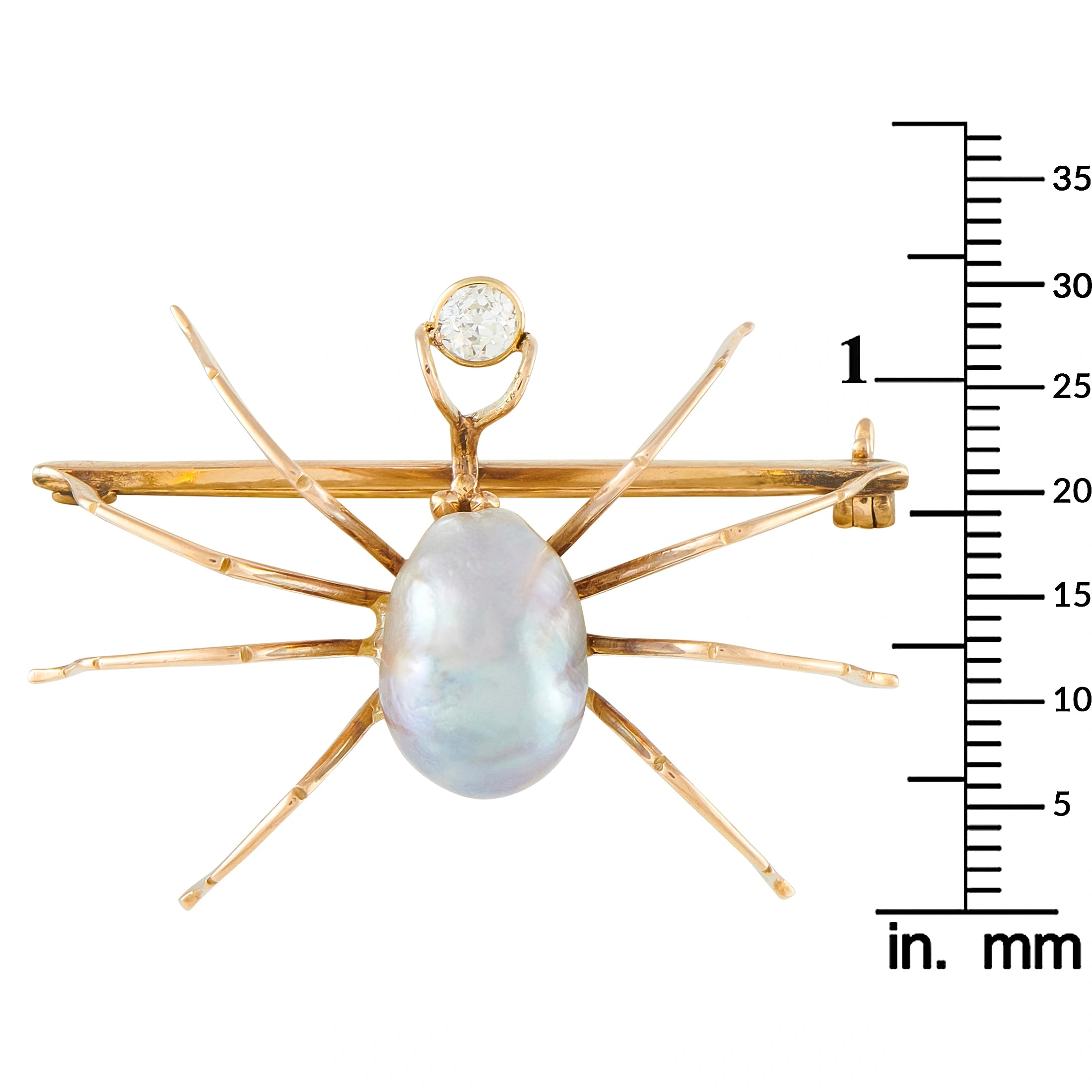 Rose gold-tone spider bar brooch featuring oval baroque pearl drop and round diamond top