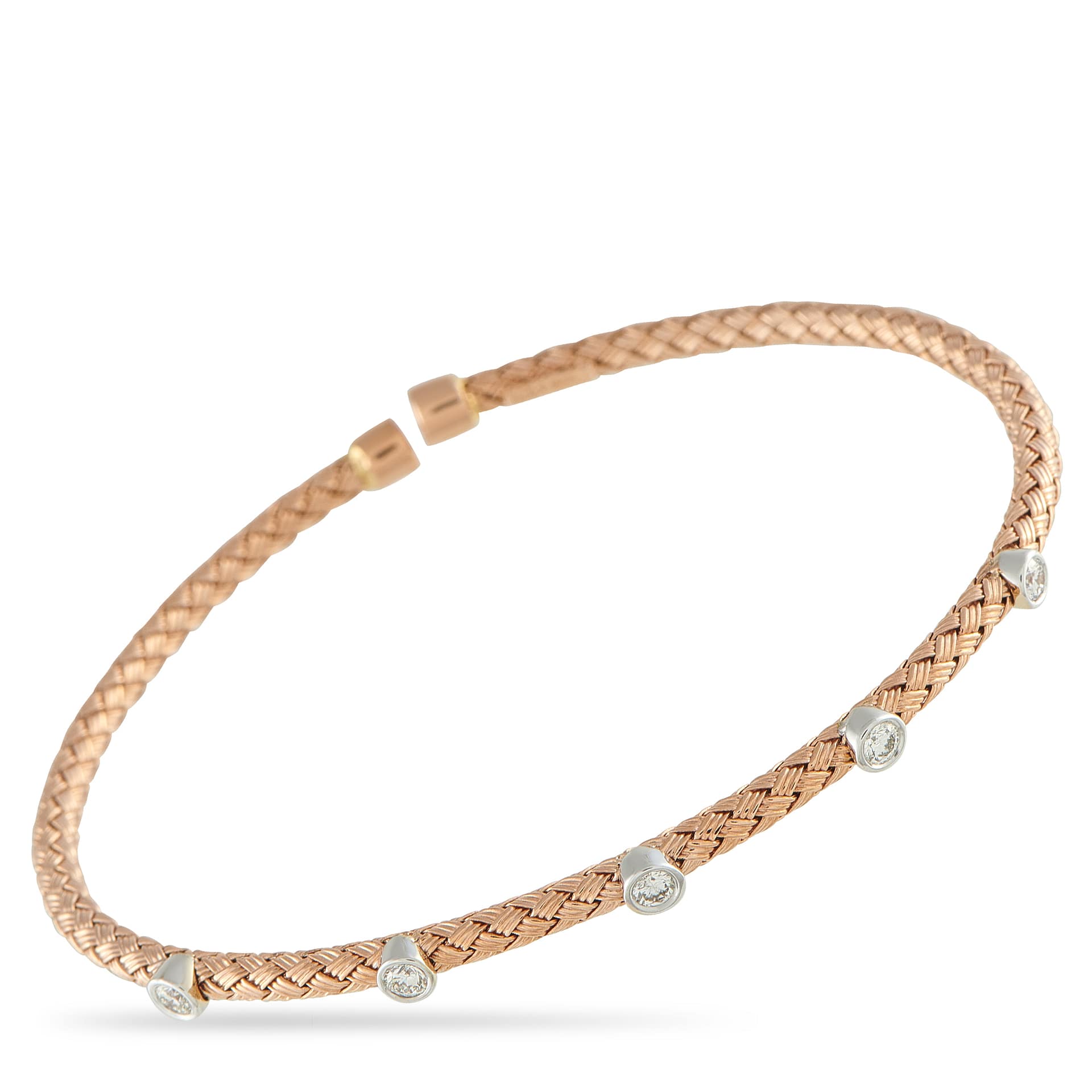 Exclusive 14K Rose and White Gold 0.52ct Diamond Bracelet Contrast, texture, and brilliance all in one polished design. This Exclusive  bracelet has an open bangle design, textured in