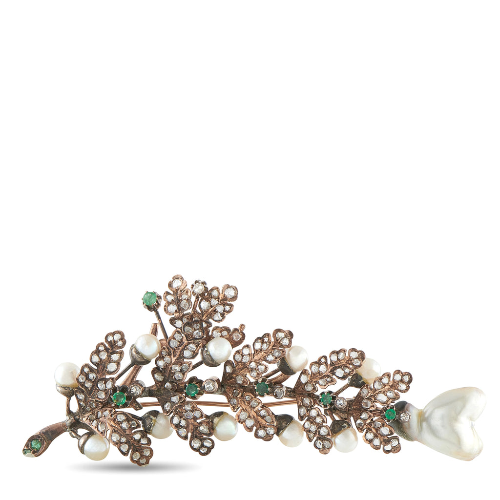Antique 14K Rose Gold and Silver Rose-Cut Diamond, Emerald, and Pearl Leaf Brooch