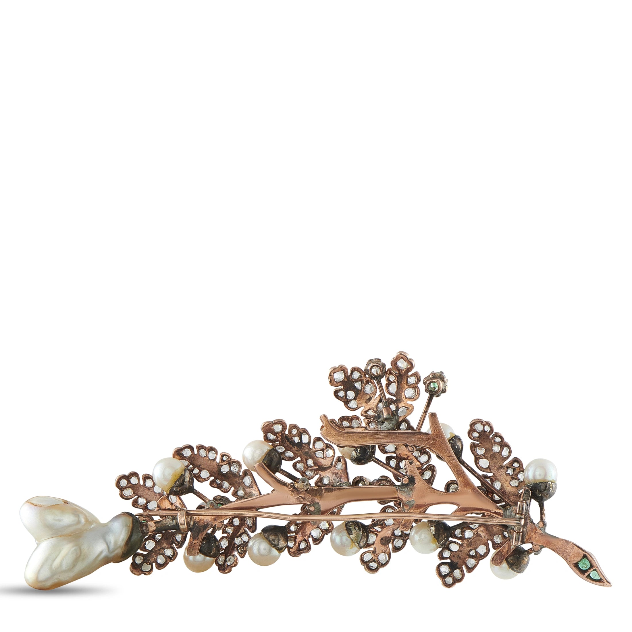 Antique 14K Rose Gold and Silver Rose-Cut Diamond, Emerald, and Pearl Leaf Brooch