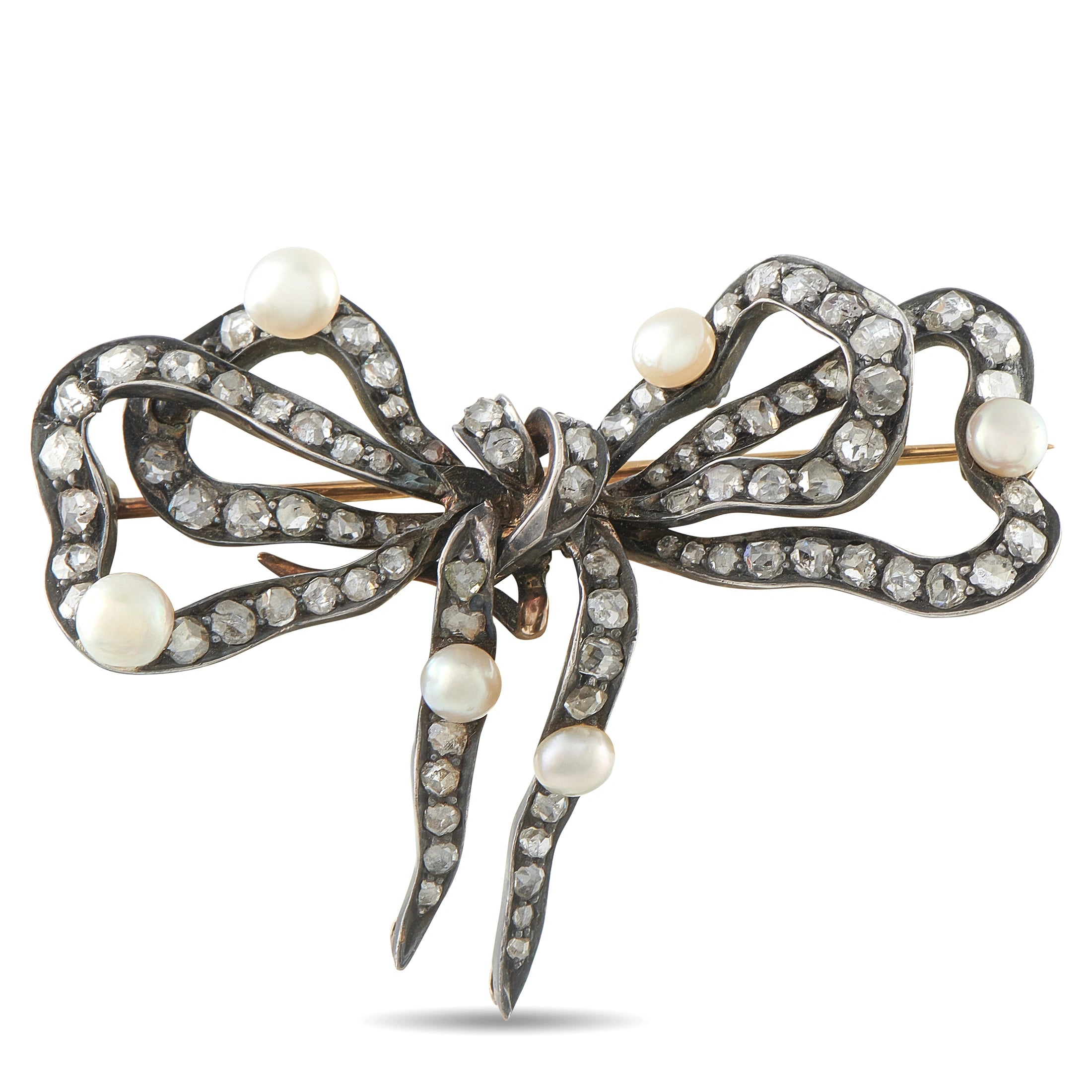 Antique 14K Rose Gold 3.0ct Diamond and Pearl Brooch