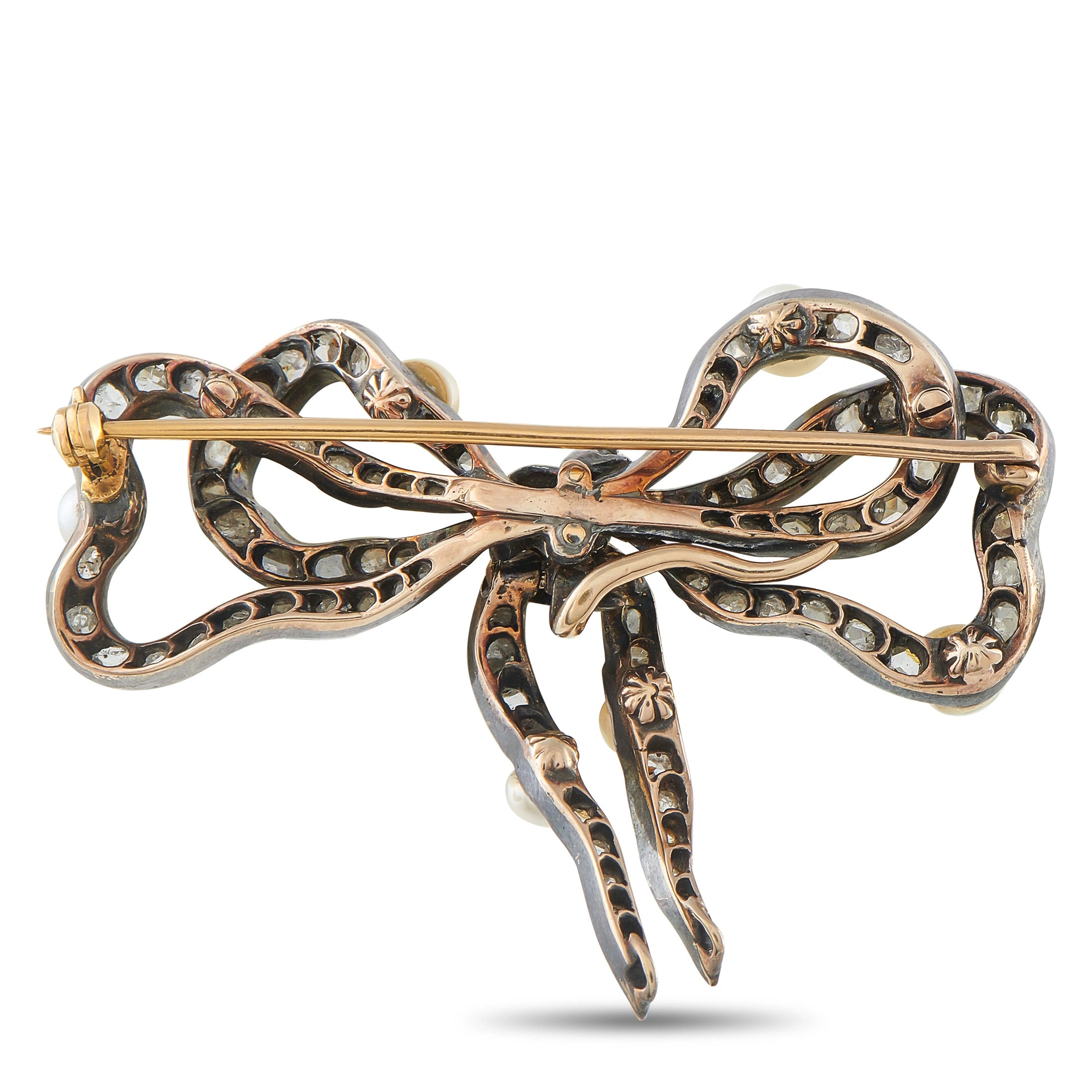 Antique 14K Rose Gold 3.0ct Diamond and Pearl Brooch
