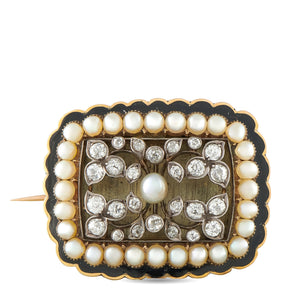 Antique 14K Rose Gold Diamond, Pearl, and Enamel Brooch