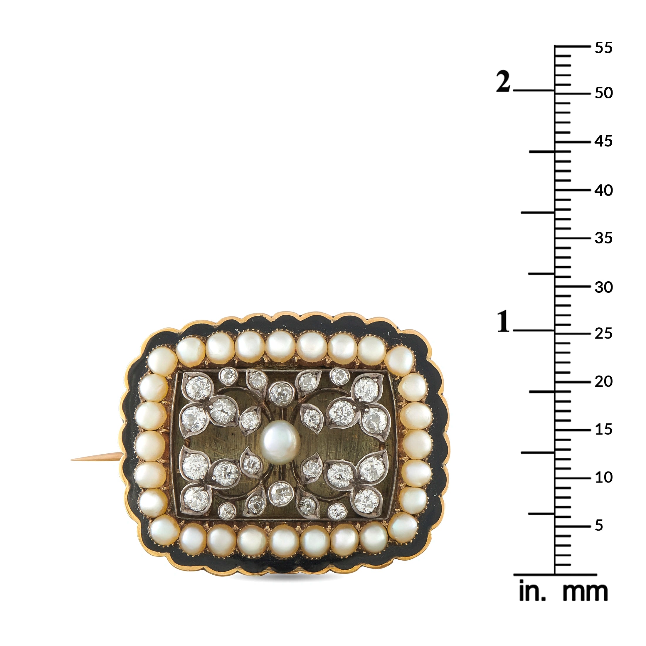 Antique 14K Rose Gold Diamond, Pearl, and Enamel Brooch
