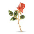 Rose gold flower brooch with coral petal bloom and three green jade leaf ovals