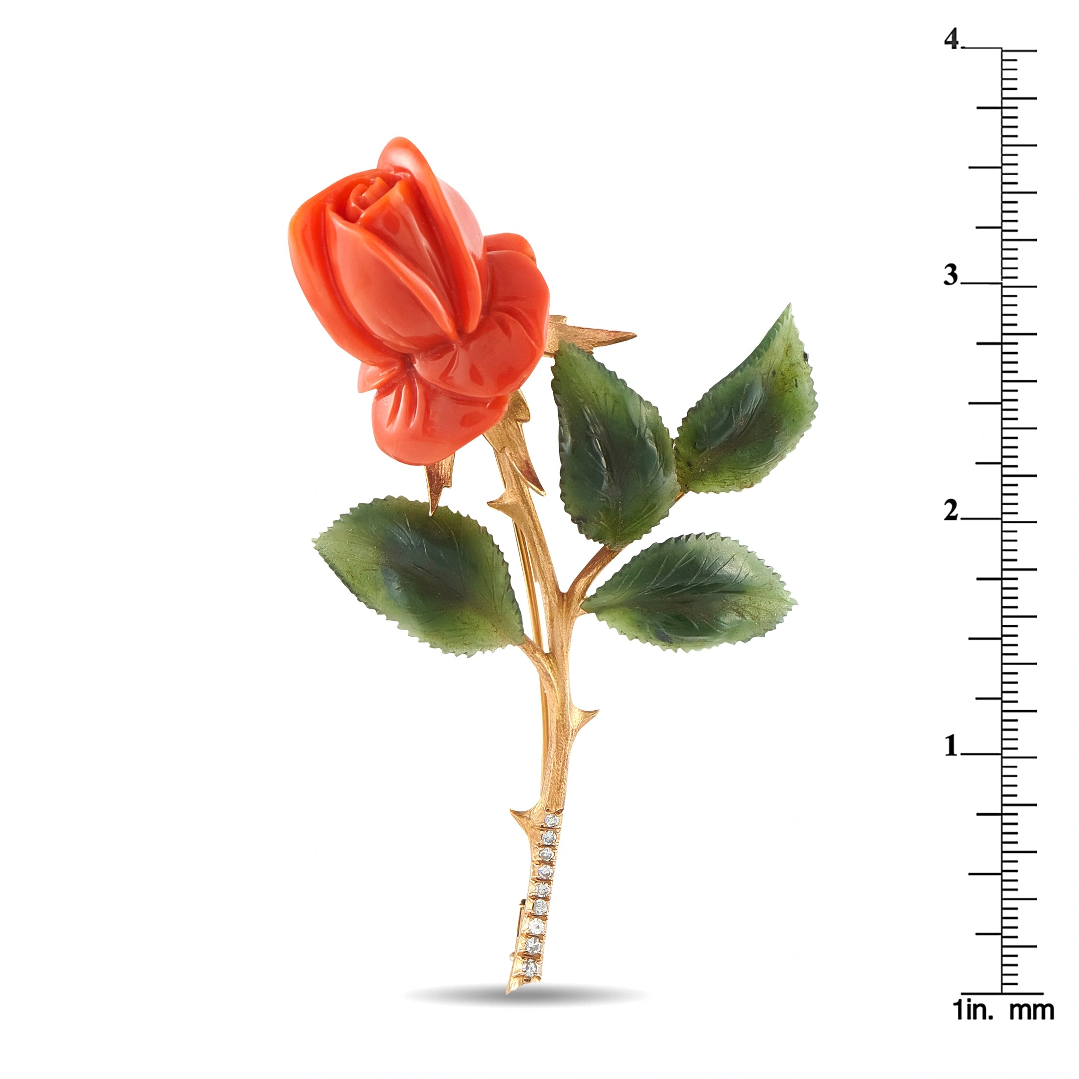 14k rose gold flower brooch with coral center bloom, green jade leaves, diamond line
