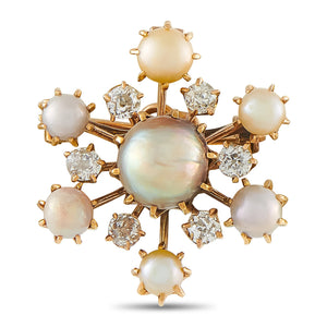 Antique GIA certified Natural Pearl 14K Rose Gold 0.66ct Diamond Brooch