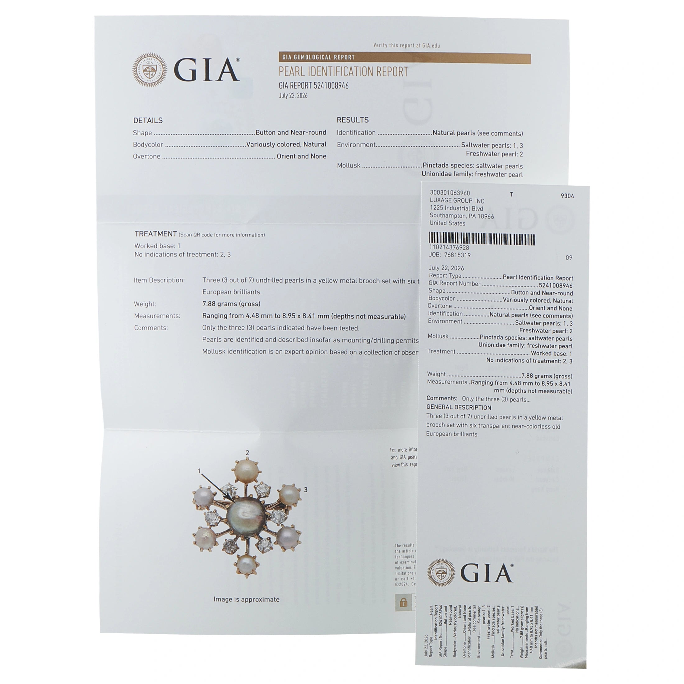 GIA pearl identification report papers with certification details for the brooch