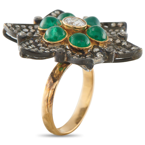 14k rose gold ring with green emerald cabochons and a white diamond center, pave halo