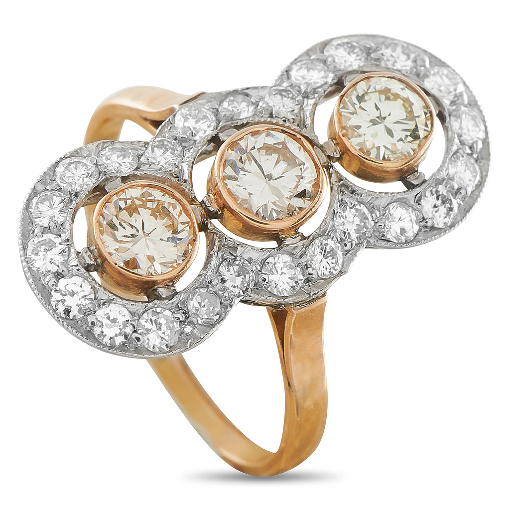 14K rose gold diamond halo ring with three round center stones