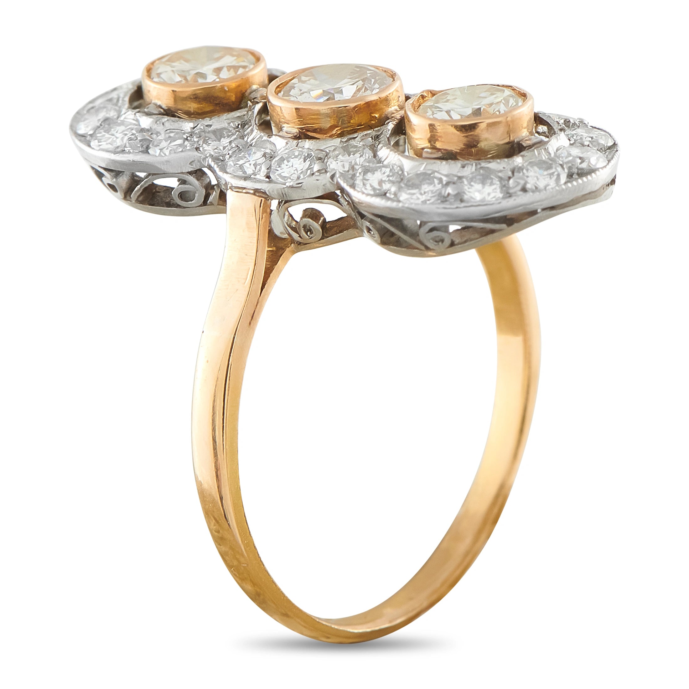14K rose gold diamond ring with three round stones and halo settings