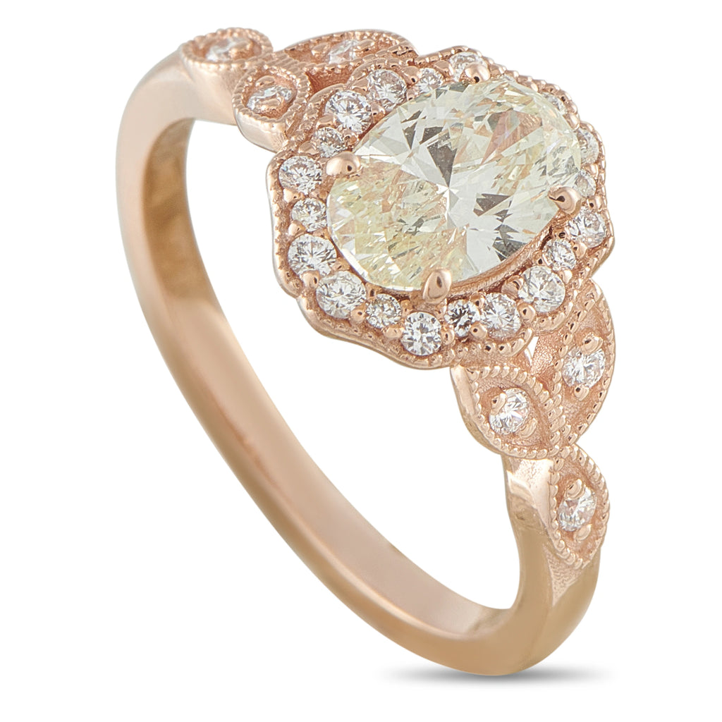 14K rose gold oval halo diamond ring with pavé band