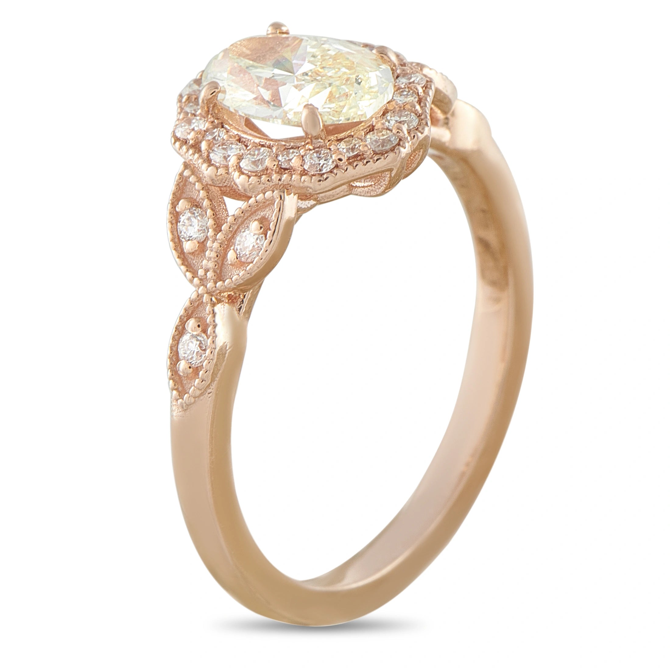14K rose gold oval halo diamond ring with leaf detail