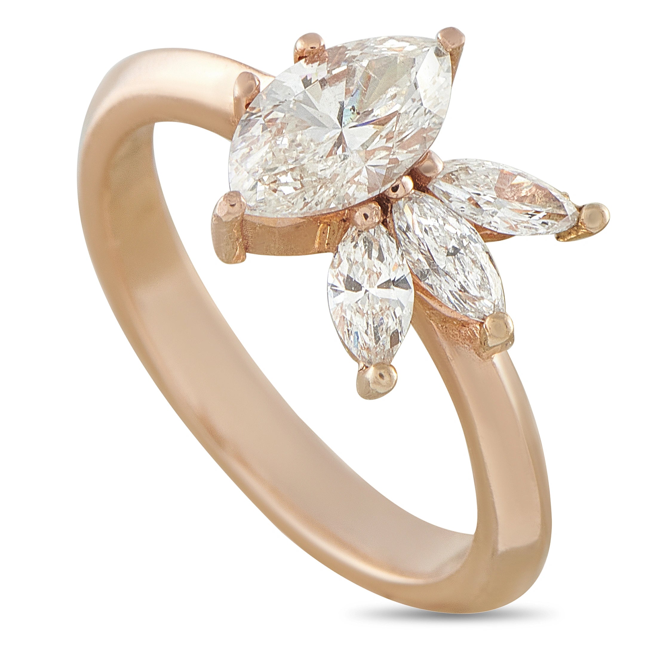 14K rose gold marquise diamond cluster ring with pear-shaped stones, prong-set