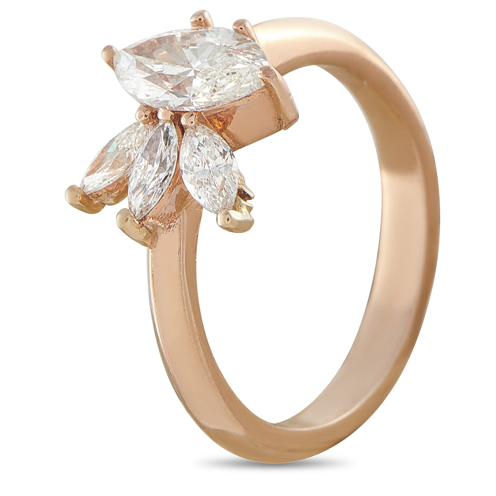 14K rose gold marquise diamond cluster ring with petal-like pear stones, prong-set