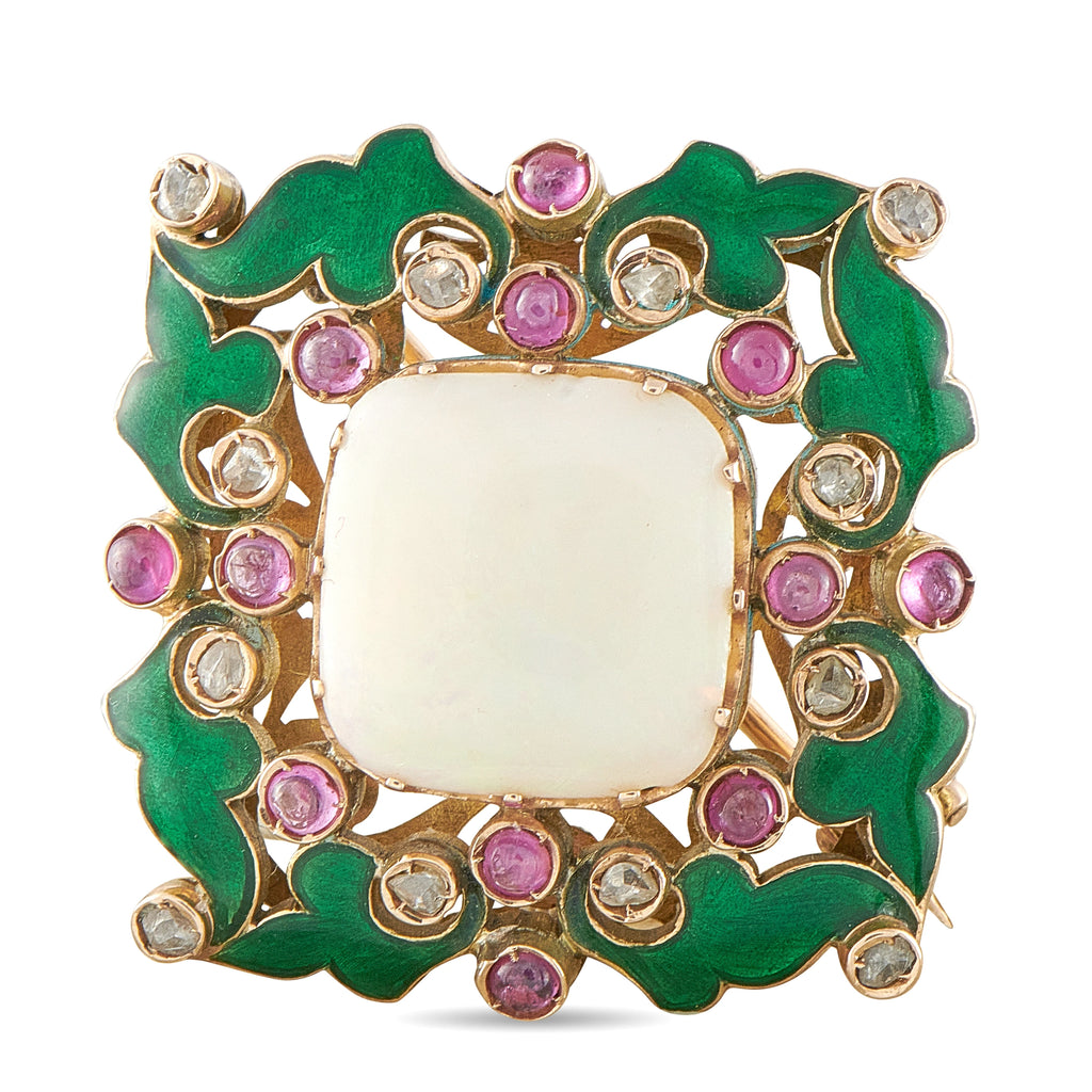 Enamel brooch with green leaf frame, pink stones, clear diamonds, and square opal center