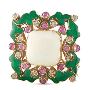 Antique 14K Rose Gold Diamond, Ruby, Enamel, and Opal Brooch