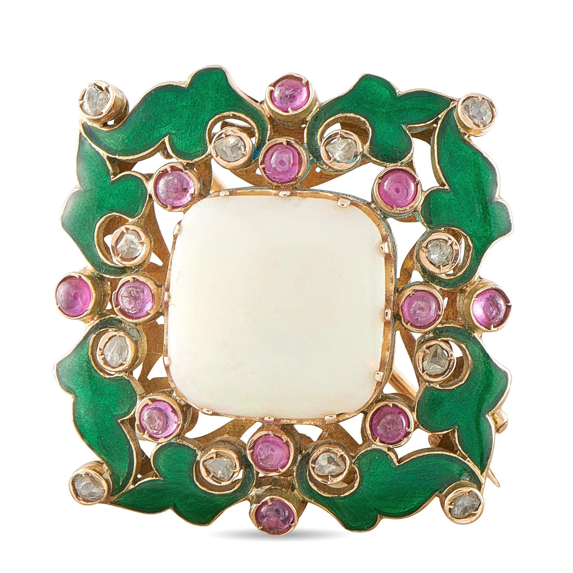 Enamel brooch with green leaf frame, pink stones, clear diamonds, and square opal center