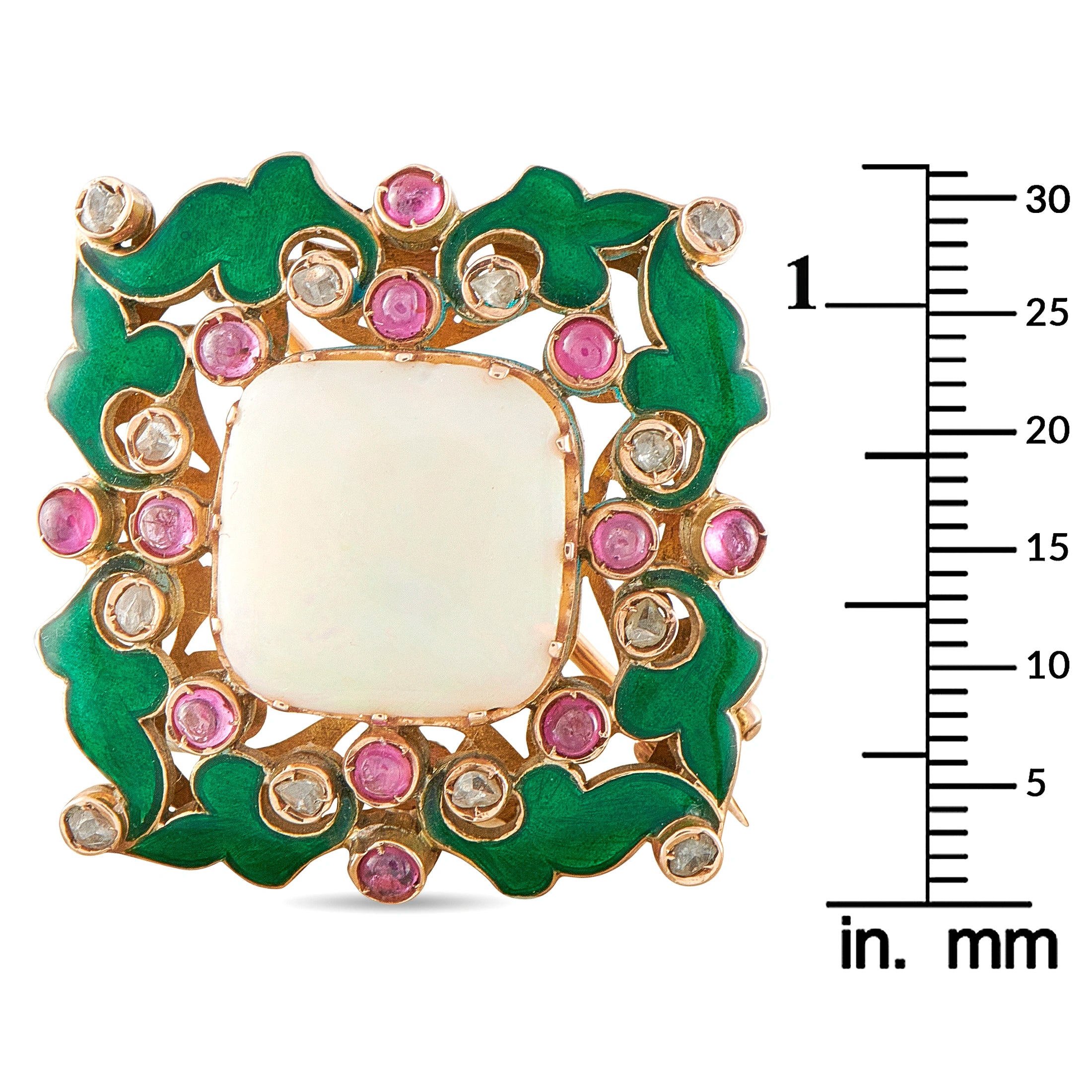 Green enamel wreath brooch with square opal center, pink round stones, and diamond accents