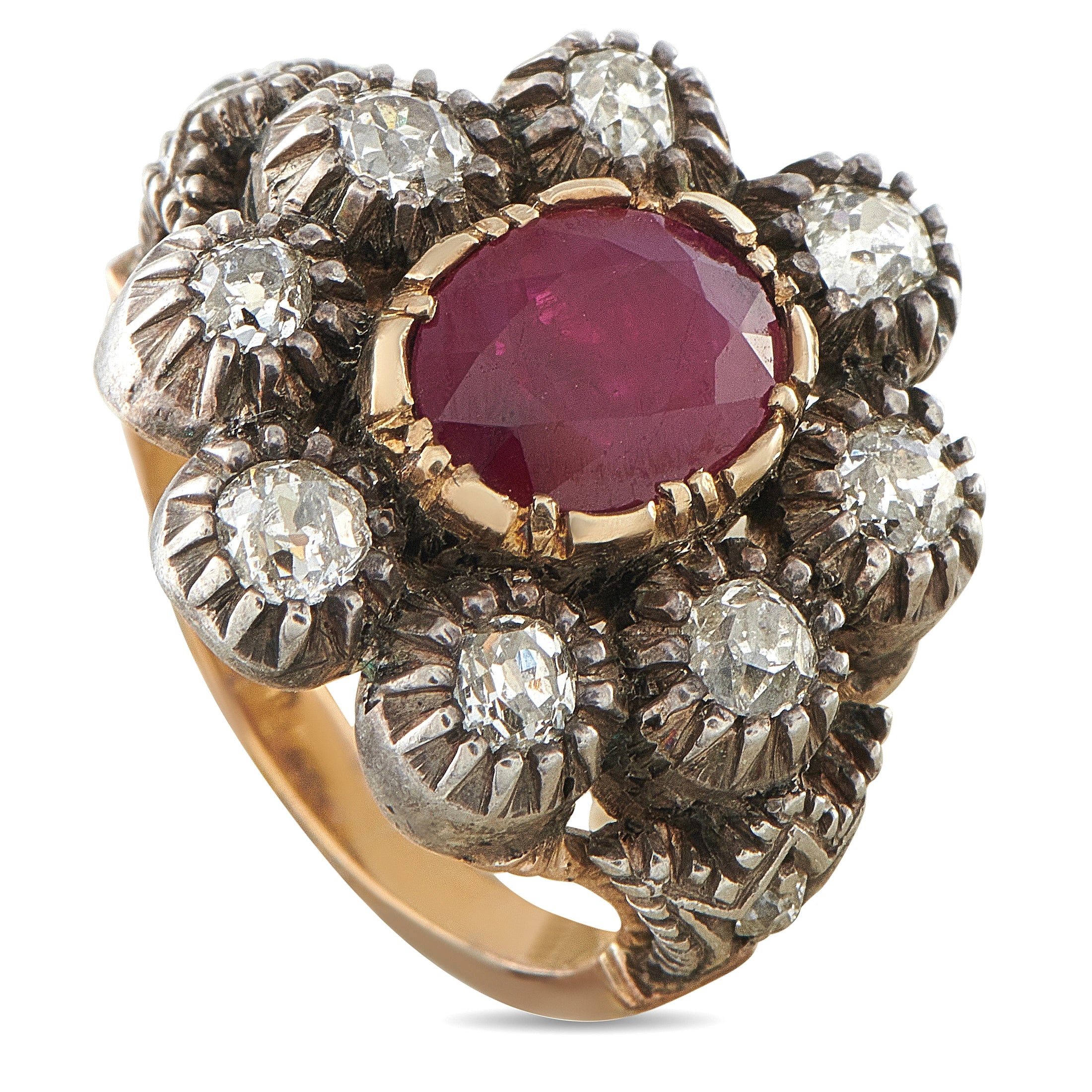 Antique 14K Rose Gold and Silver 1.00ct Diamond and Ruby Ring