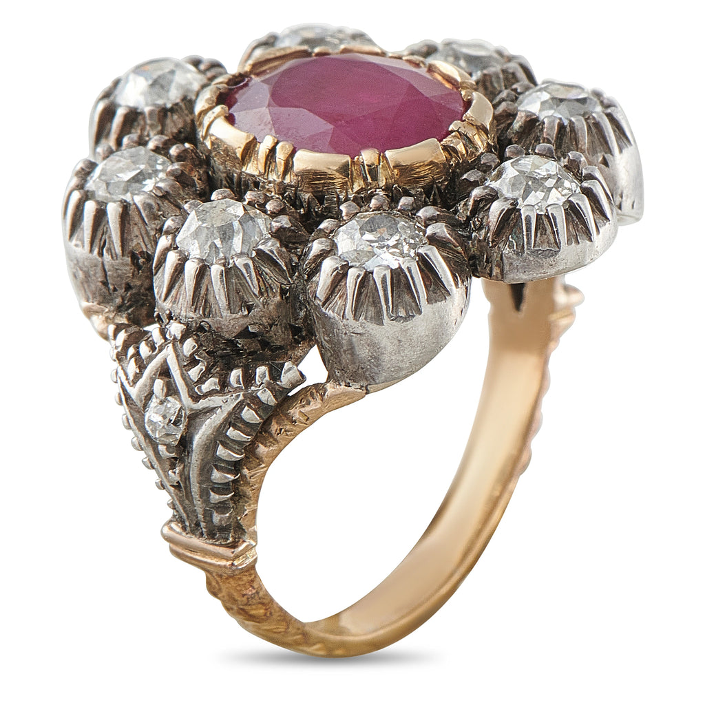 Antique 14K Rose Gold and Silver 1.00ct Diamond and Ruby Ring