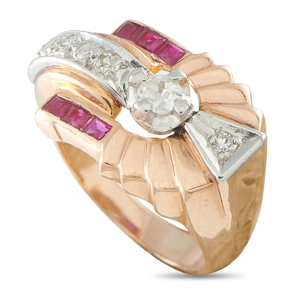 14K rose gold ring with ruby baguettes and diamond accents