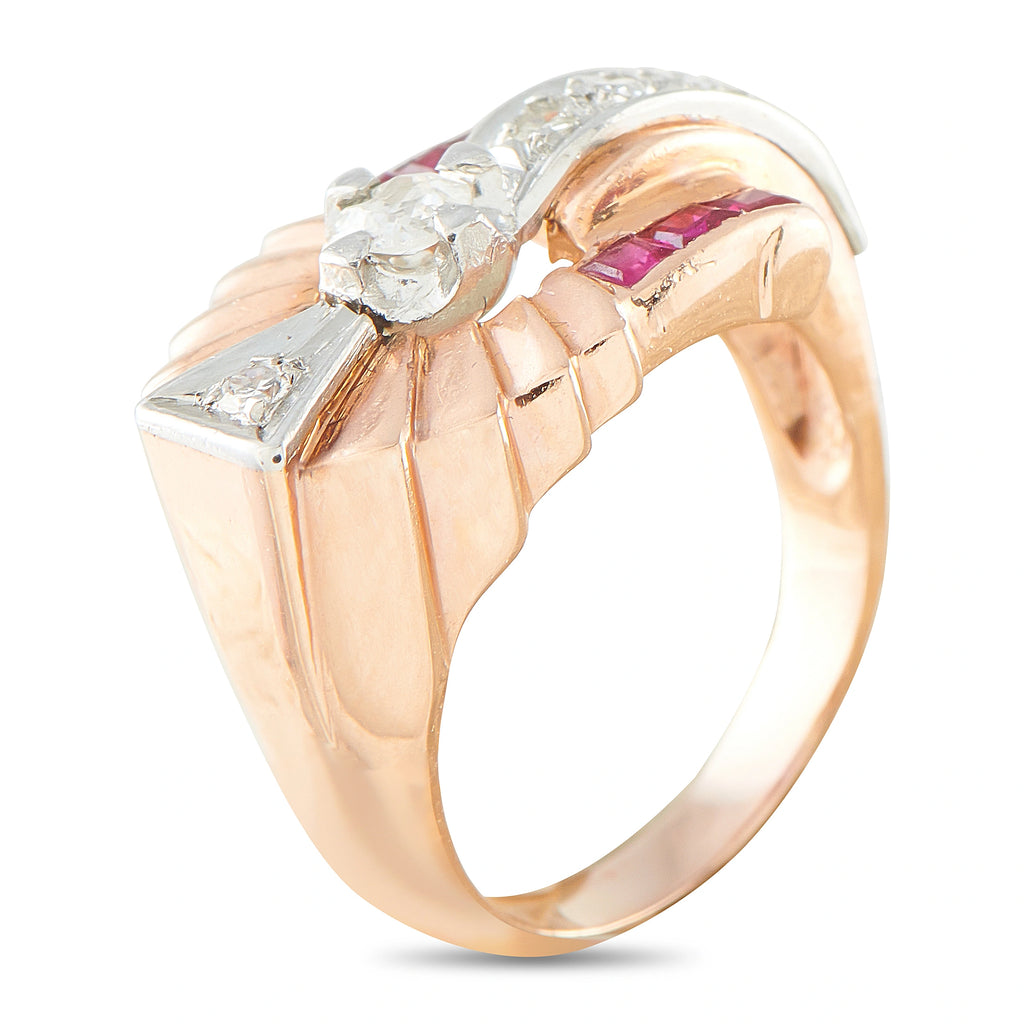 14K rose gold ring with ruby stones and diamond cluster top