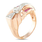 14K rose gold ring with ruby stones and diamond cluster top