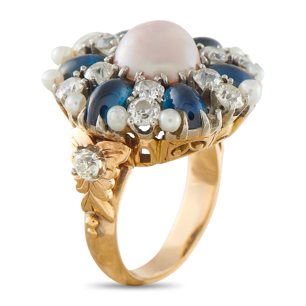 14K Rose Gold 1.80ct Diamond, Sapphire, and Natural Pearl Ring