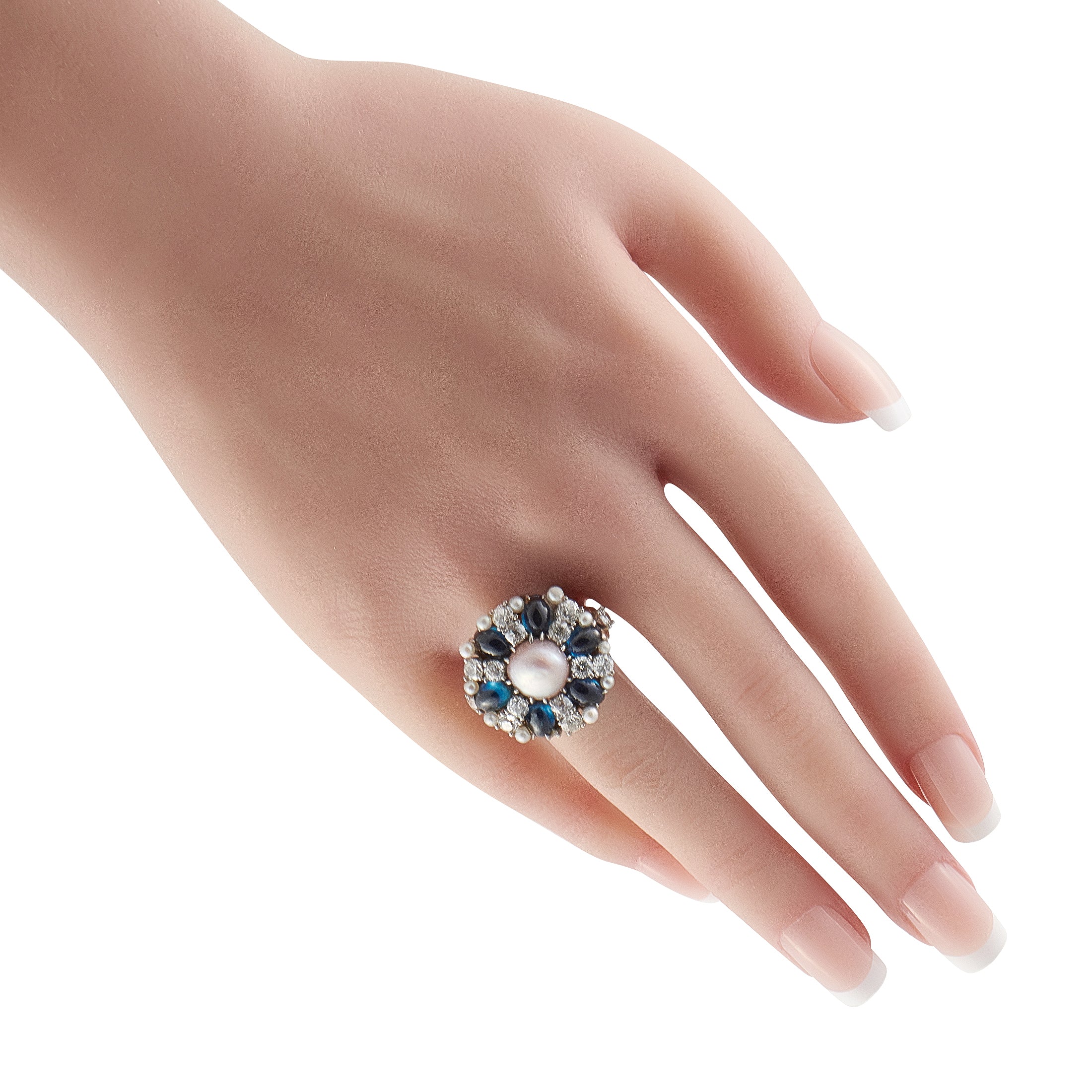 14K Rose Gold 1.80ct Diamond, Sapphire, and Natural Pearl Ring