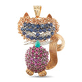 Rose gold cat brooch with sapphire-like blue stones, pink clusters, green center, spiral tail