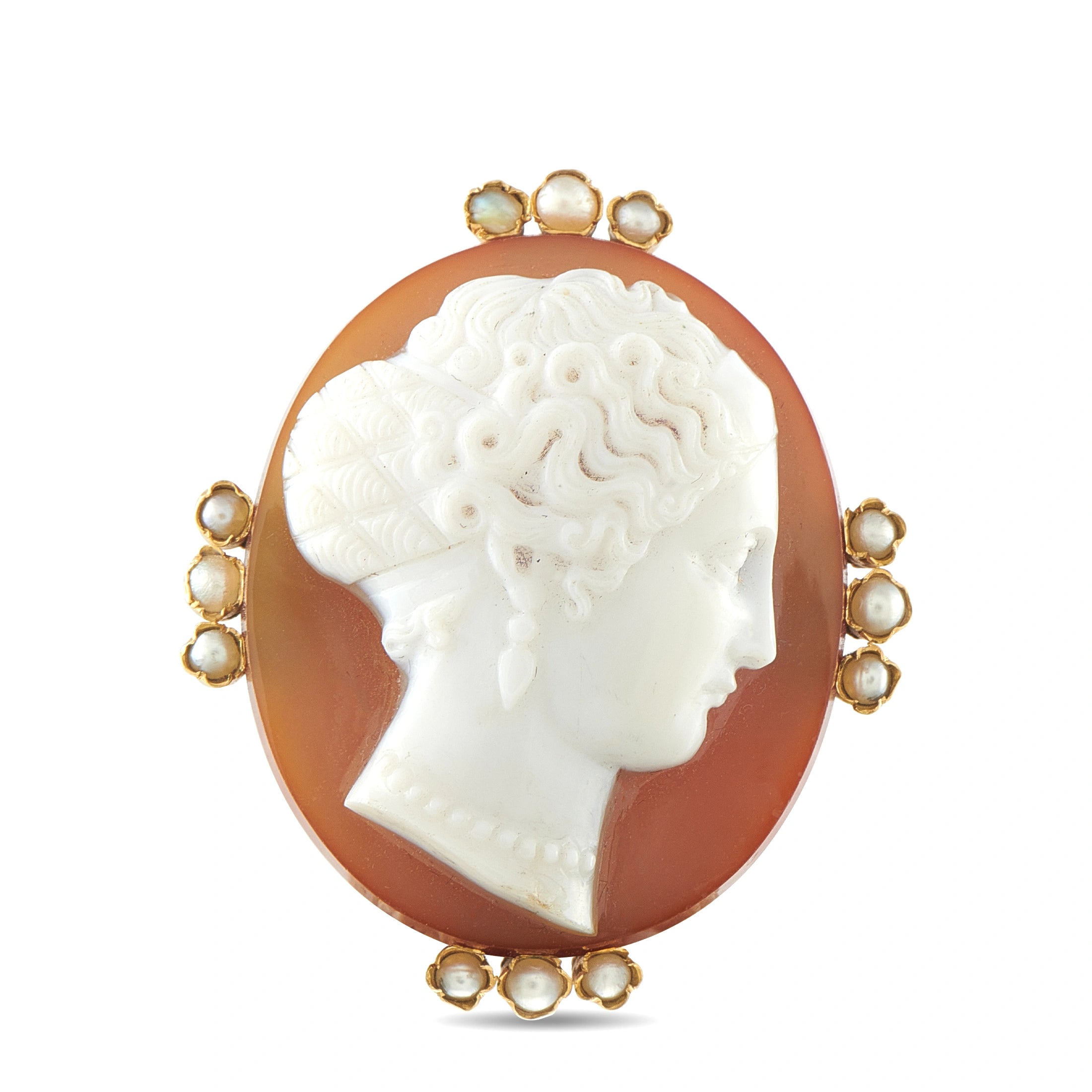 14K Rose Gold Hardstone Agate and Pearl Cameo Brooch