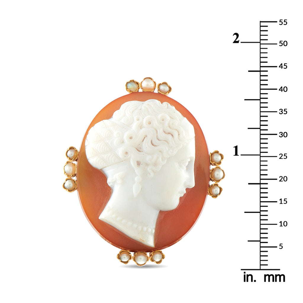 14K Rose Gold Hardstone Agate and Pearl Cameo Brooch