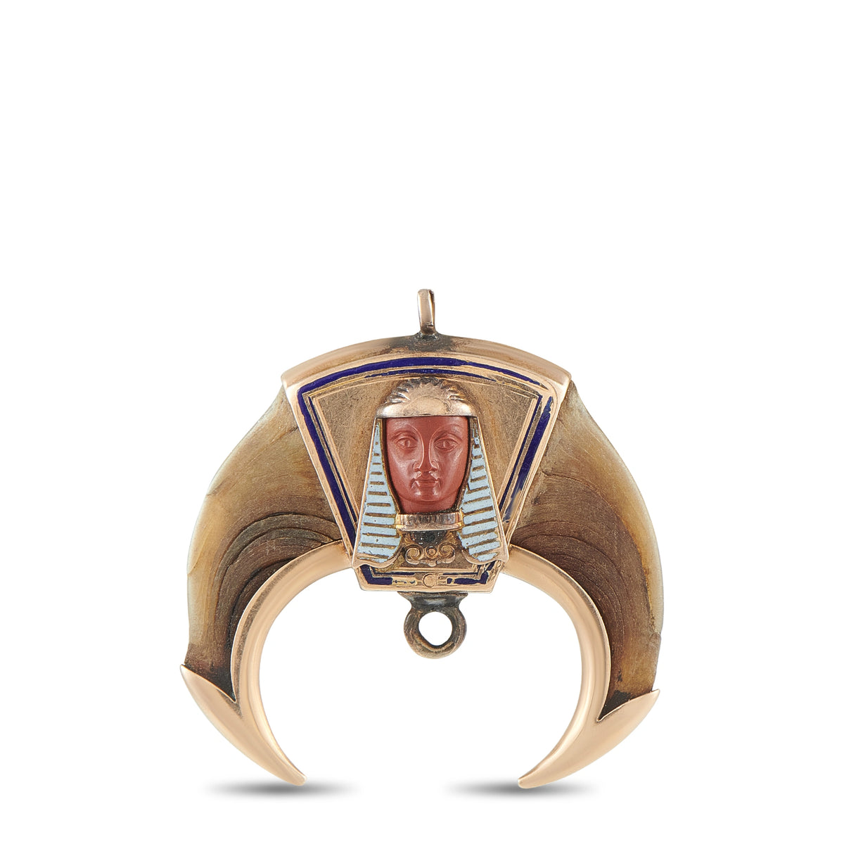 Rose gold masonic claw pendant with Egyptian face, blue enamel, and bail loop