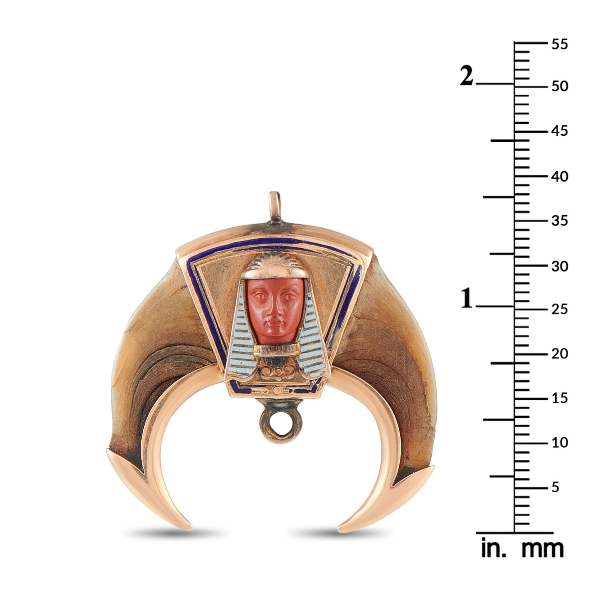 Rose gold masonic claw pendant with Egyptian face; shown with mm size scale